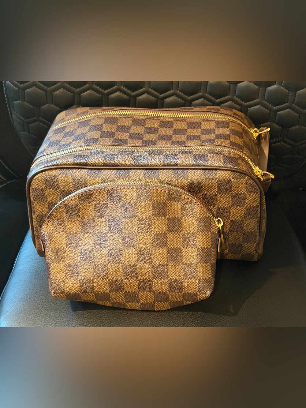 Brown Checkered Toiletry Bag Set